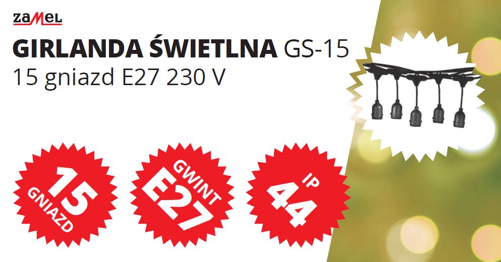 Girlanda świetlna 15xE27 15 m TYP: GS-15, LGS12000001, ZAMEL LGS12000001/ZAM 5903669461609 ZAMEL